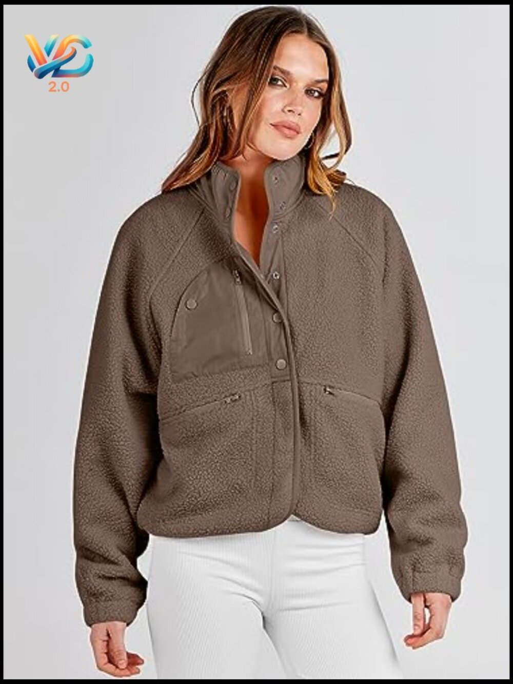 Fuzzy Fleece Cropped Shacket with Pockets, Long Sleeve Button Down Jacket - Picture 3 of 7